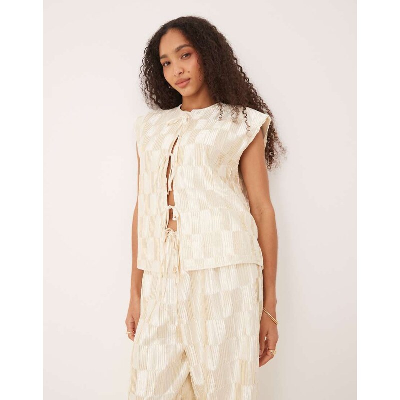 VRG GRL enni tie-front plisse smock vest co-ord top in cream-White 106143584