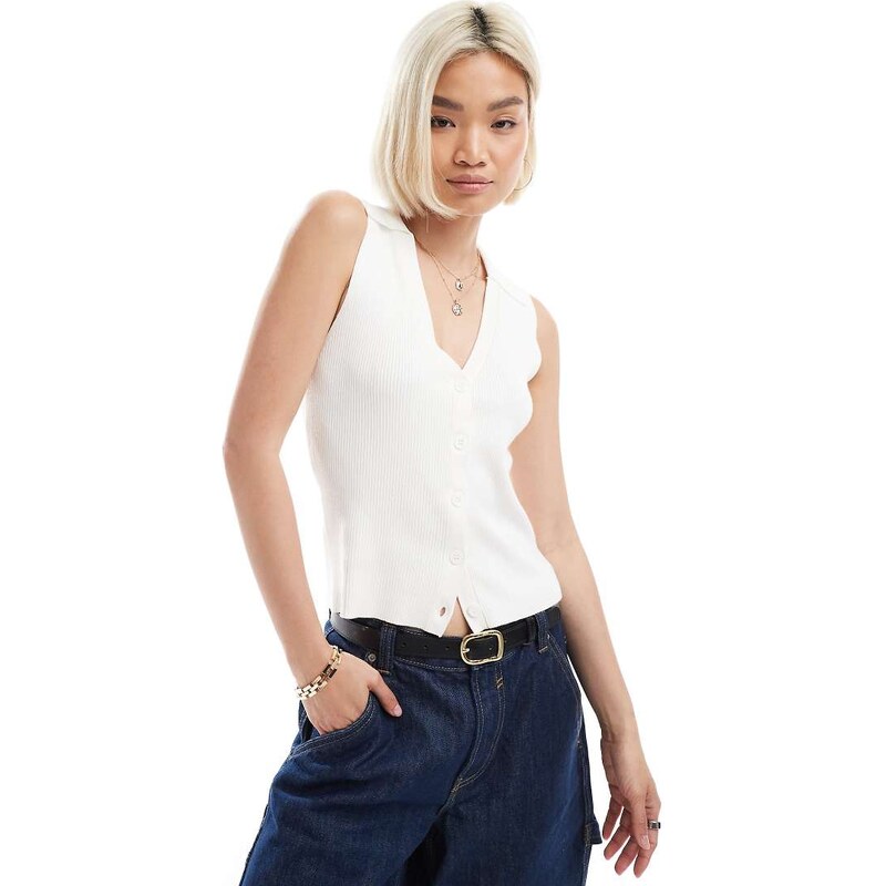 Vero Moda rib knitted sleeveless polo top in white 111141743