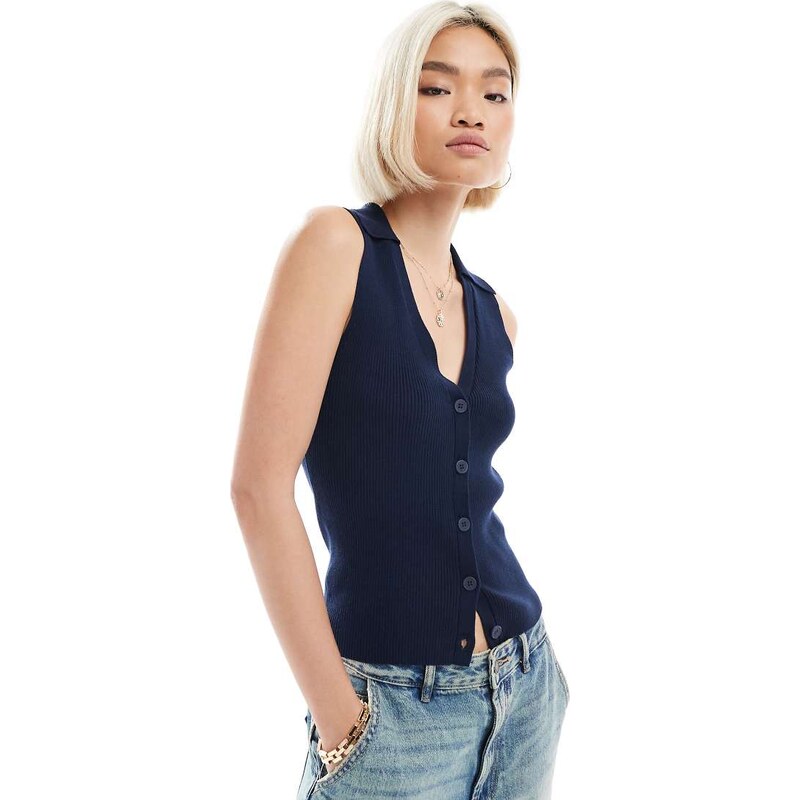 Vero Moda rib knitted sleeveless polo top in navy 111138476