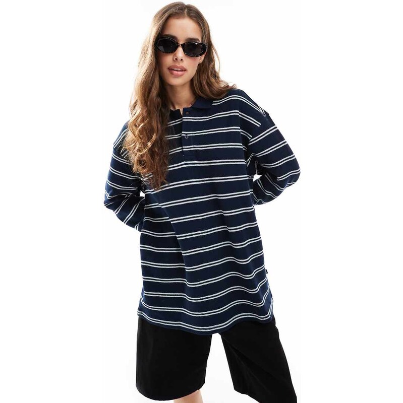 Dr Denim Reno Polo relaxed fit long sleevetop in navy and white stripe 106143712