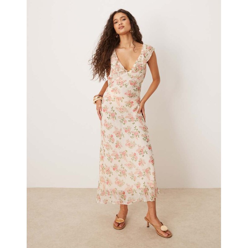 Mango v neck ruffle detail midaxi dress in floral print-Neutral 106760773
