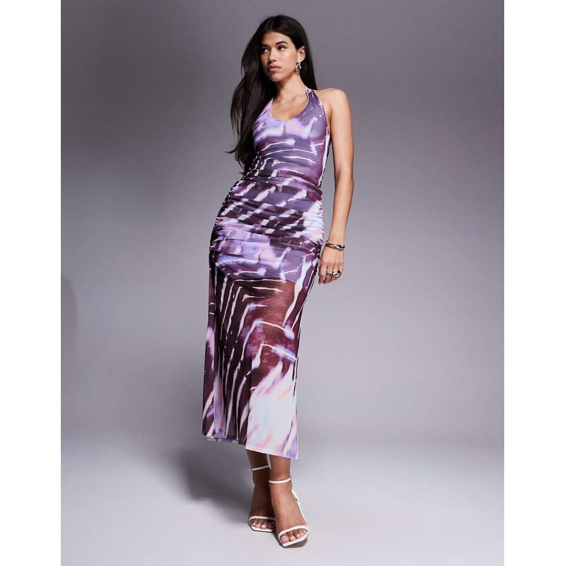 ASOS DESIGN halter with ruching mesh maxi dress in abstract