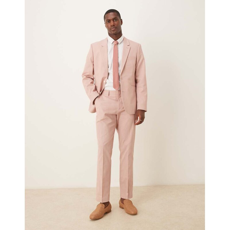 ASOS DESIGN linen look slim suit trousers with front pleat in