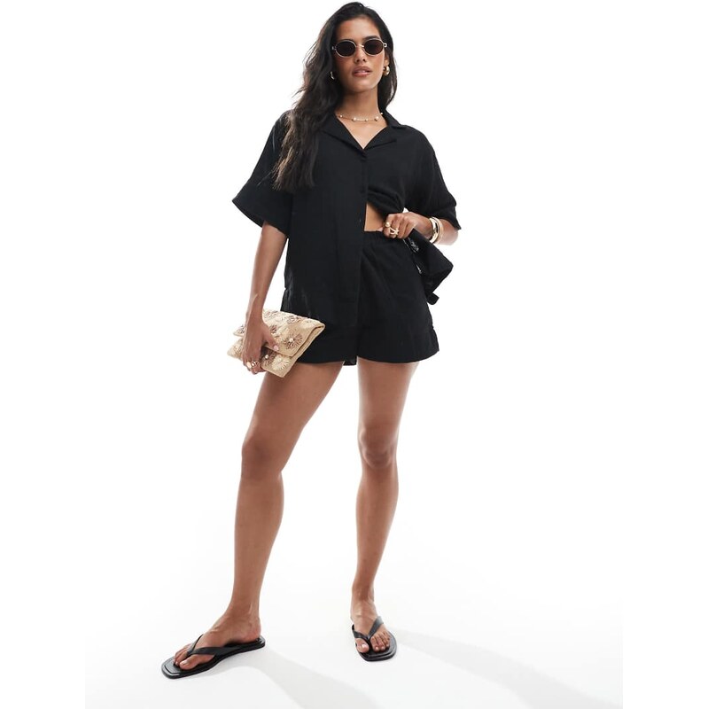 Brave Soul co-ord cotton textured shorts in black