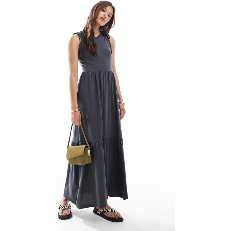 Brave Soul cotton rich high neck tiered midi dress in charcoal