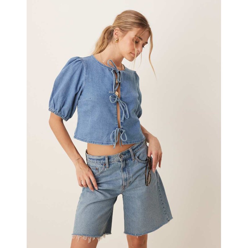 ASOS DESIGN soft denim top with tie front detail in midwash blue