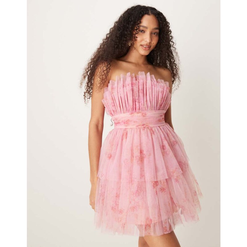 Lace & Beads bandeau tiered tulle mini dress in baby pink floral