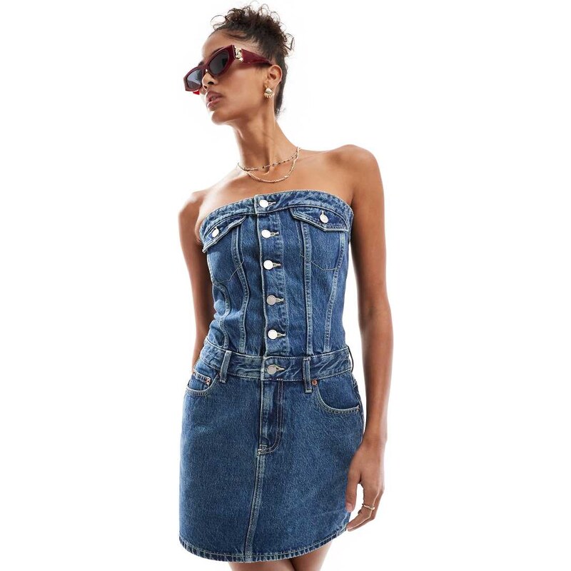 Dr Denim Carlisle denim bandeau mini dress with button front in 106148153