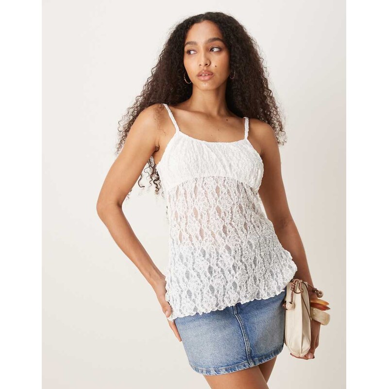 ASOS DESIGN lace cami top with gather bust detail in ivory-White