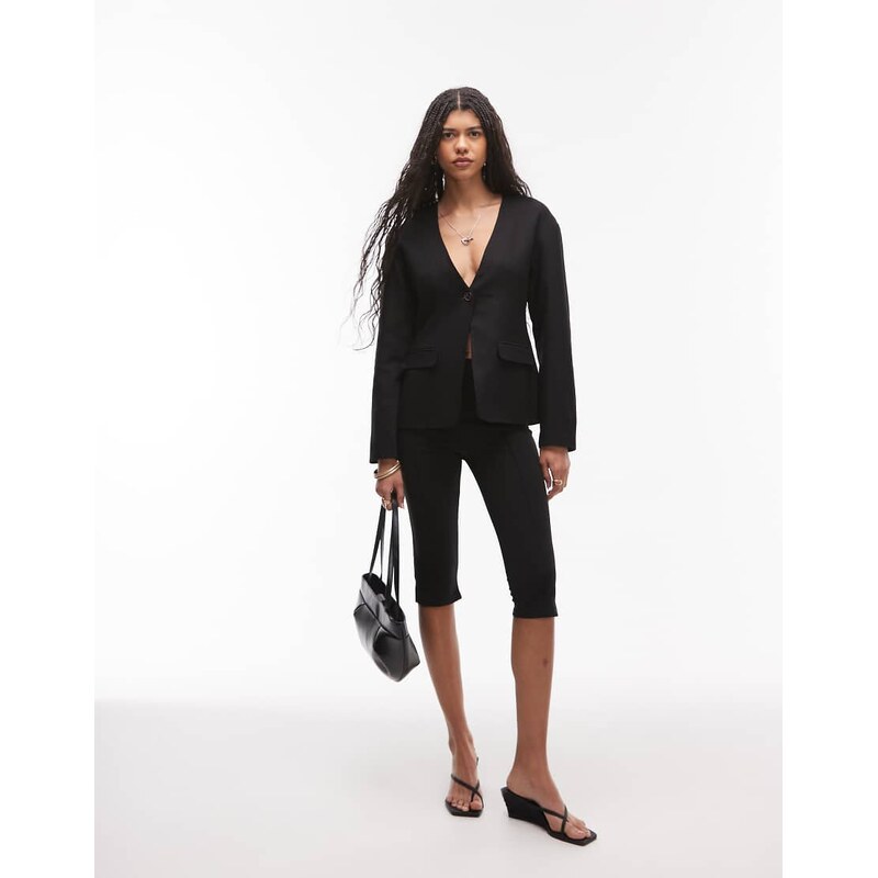 Topshop collarless linen ovoid sleeve blazer in black 112208447