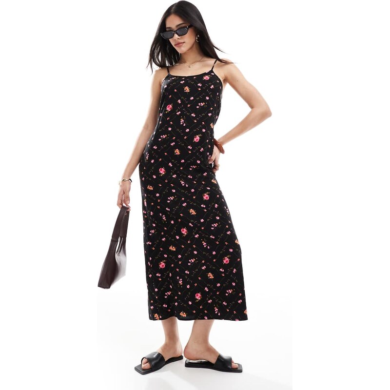 Miss Selfridge strappy scoop neck maxi slip dress in black ditsy