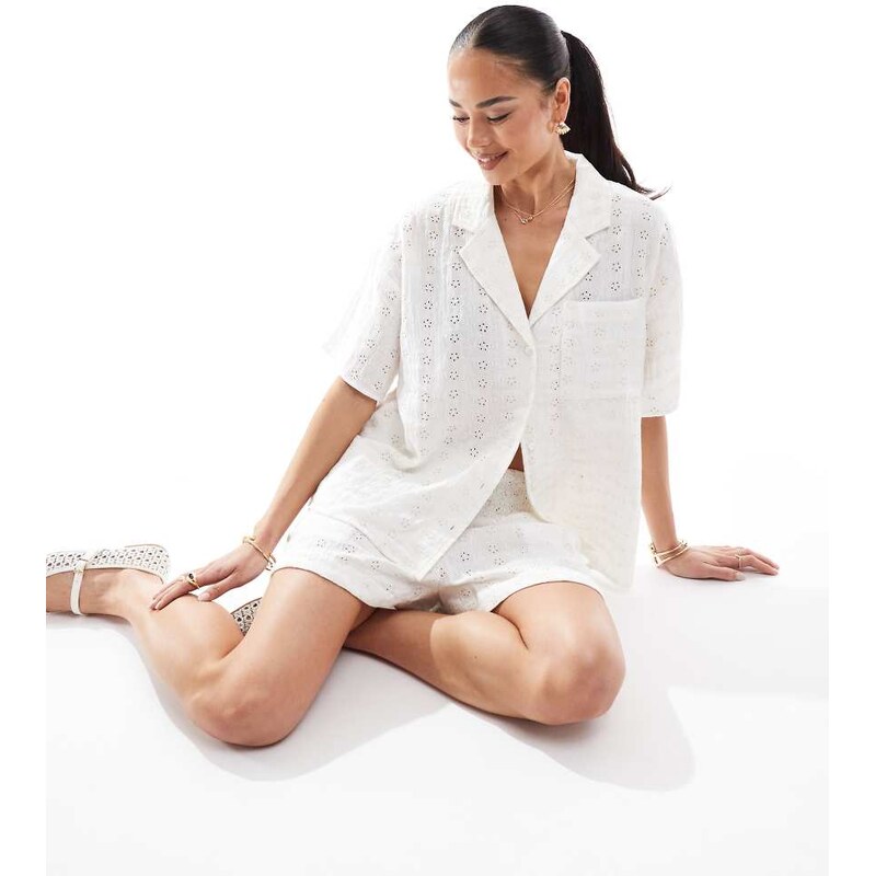 ASOS DESIGN broderie revere collar co-ord shirt in cream-White