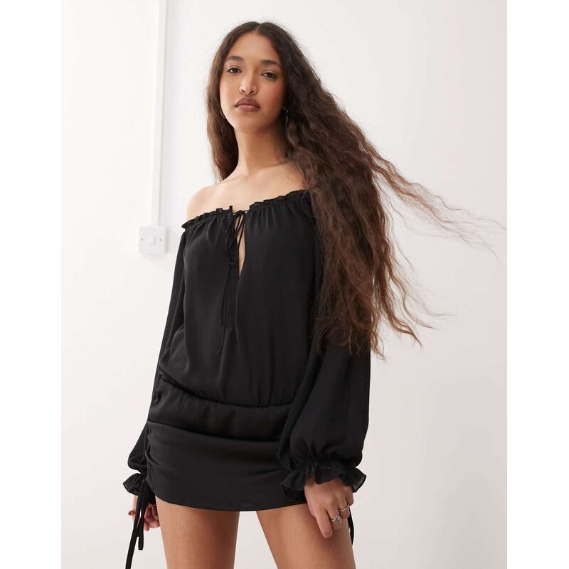 Lioness Sevigny bardot chiffon tie front ruched skirt mini dress in 106157564
