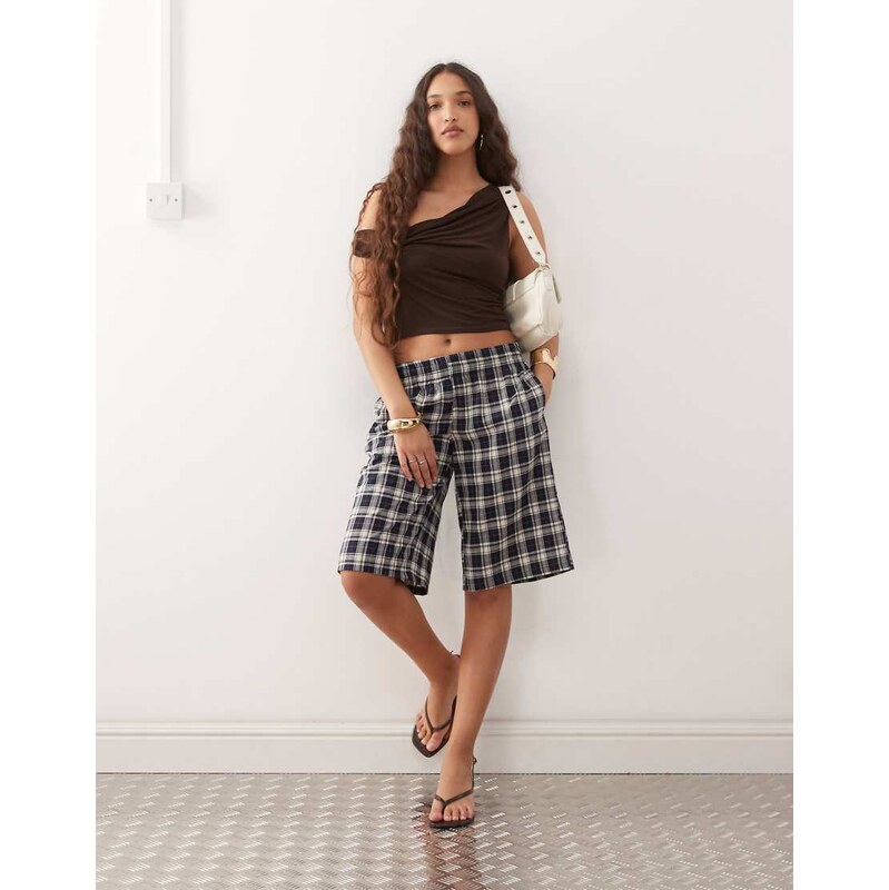 Lioness Sevigney elasticated waist lowrise jorts in navy check-Multi 112696039