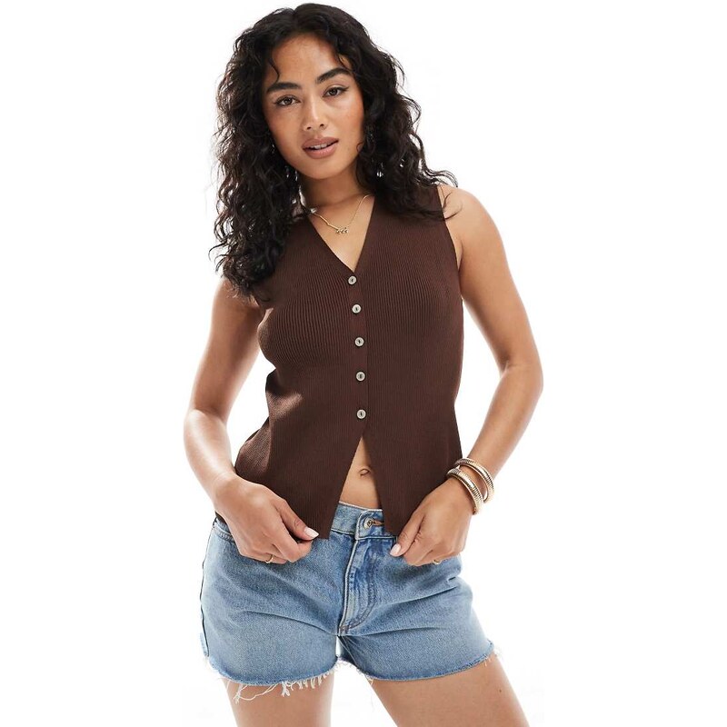 ASOS DESIGN neat fit waistcoat with split front in brown