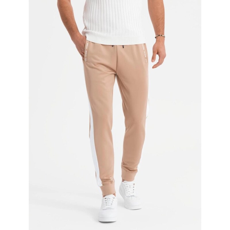 Ombre Clothing Pánské béžové tepláky s kontrastním lemováním V4