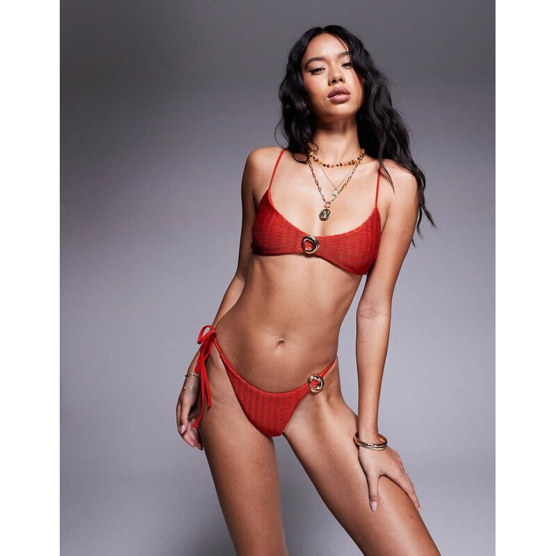 ASOS DESIGN Polly shirred crop bikini top with ring detail in red-Pink 115510514