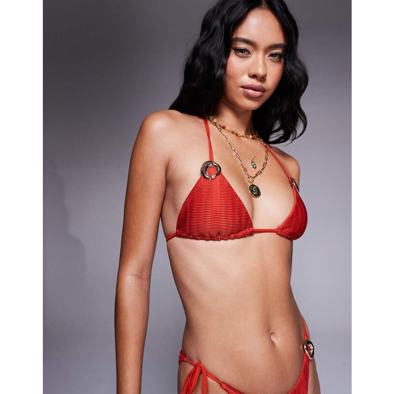 ASOS DESIGN Polly shirred triangle bikini top with ring detail