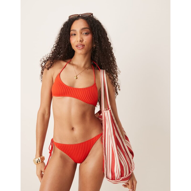 ASOS DESIGN Riddy rib scoop halter bikini top in red-Pink 115510538