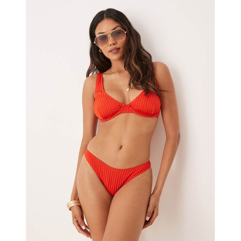 ASOS DESIGN Riddy rib Ibiza high leg cheeky bikini bottom in red-Pink 115548027