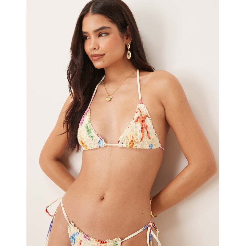 ASOS DESIGN May shirred triangle bikini in shell print-Yellow