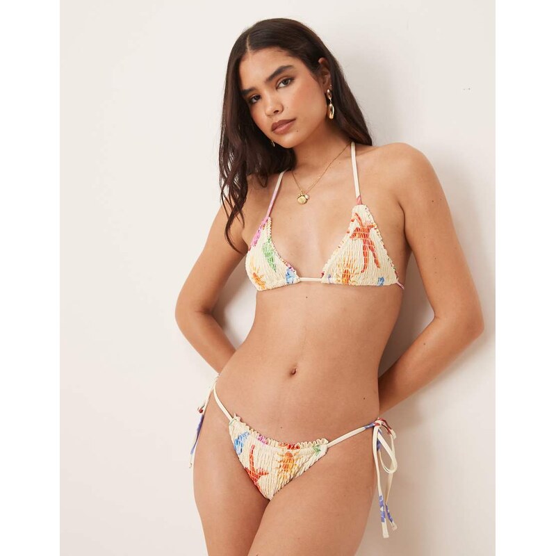 ASOS DESIGN May shirred tie side bikini bottom in shell print