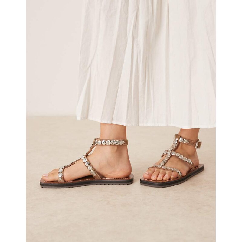 ASOS DESIGN Felix metal coin flat sandals in mushroom suede-Brown 113260806