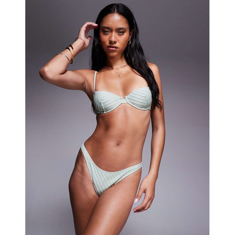 ASOS DESIGN Pia pleated high leg cheeky bikini bottom in green 115511115