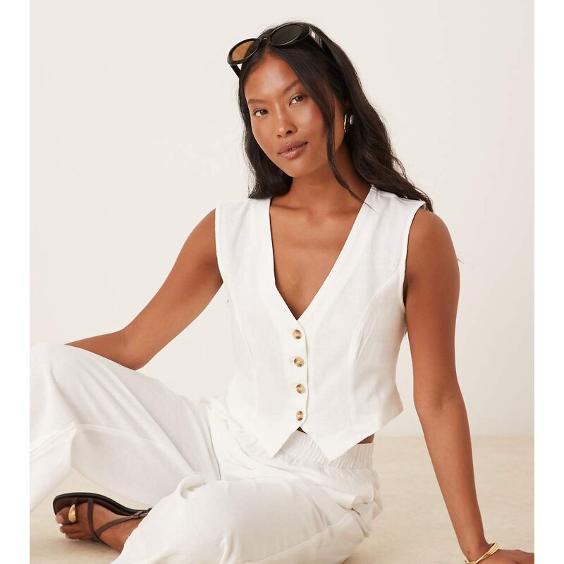 Vila Petite linen touch cropped tailored waistcoat co-ord in