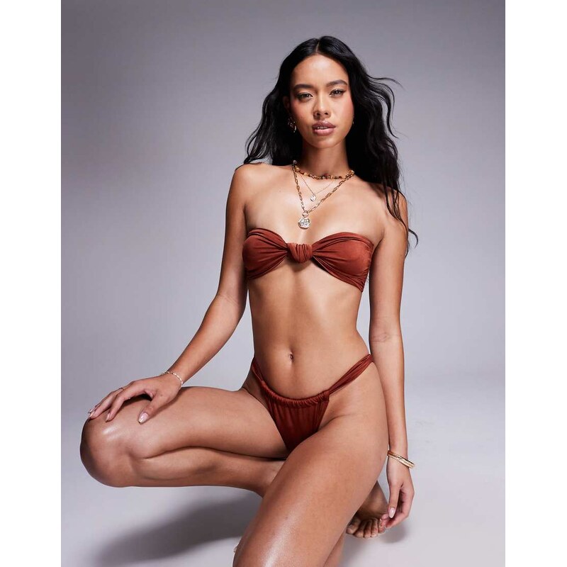 ASOS DESIGN Simone shine knot front bandeau bikini top in bronze-Brown 115746199