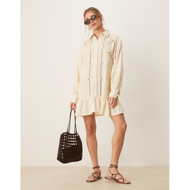 ASOS DESIGN twill broderie mini shirt dress with tonal stitching