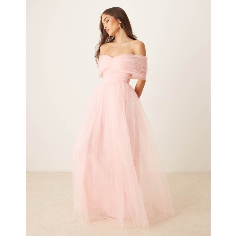 Lace & Beads bow off shoulder tulle maxi dress in soft pink