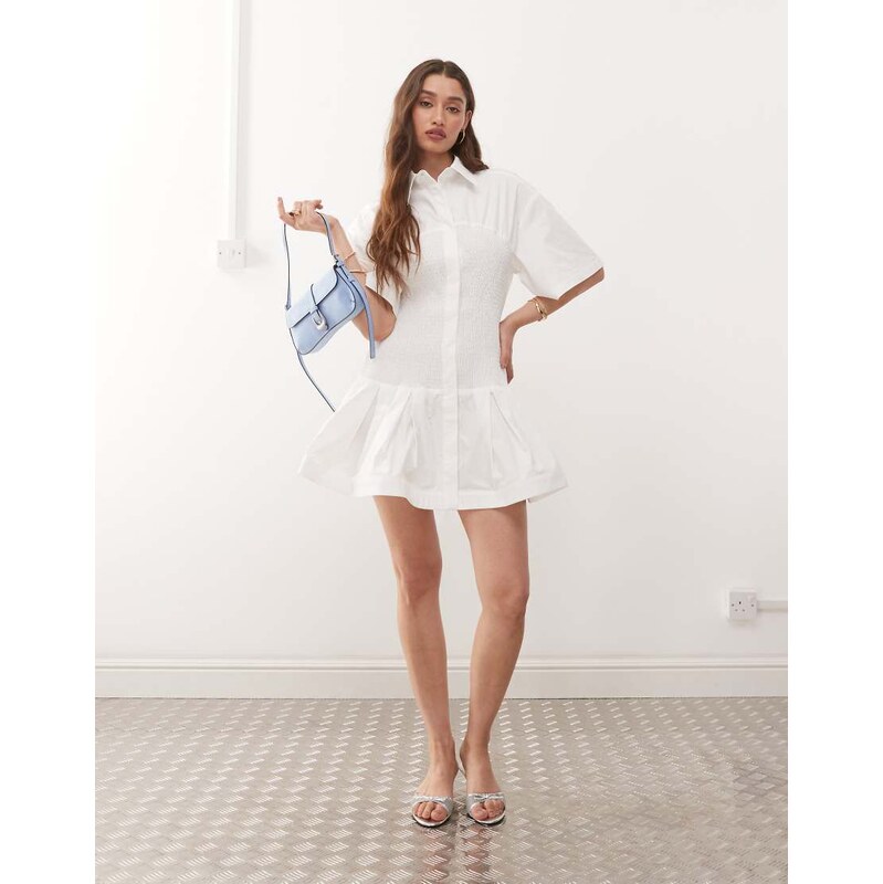 Amy Lynn smocked shirt mini dress with shirred bodice in white 106157594