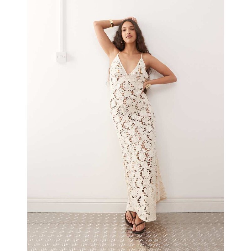 Amy Lynn v-neck crochet maxi slip dress in beige-Neutral 109187578