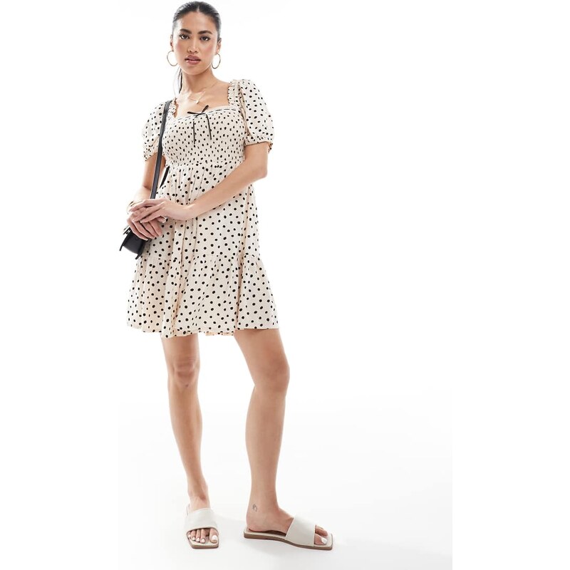 New Look polka dot milkmaid mini dress in cream-White
