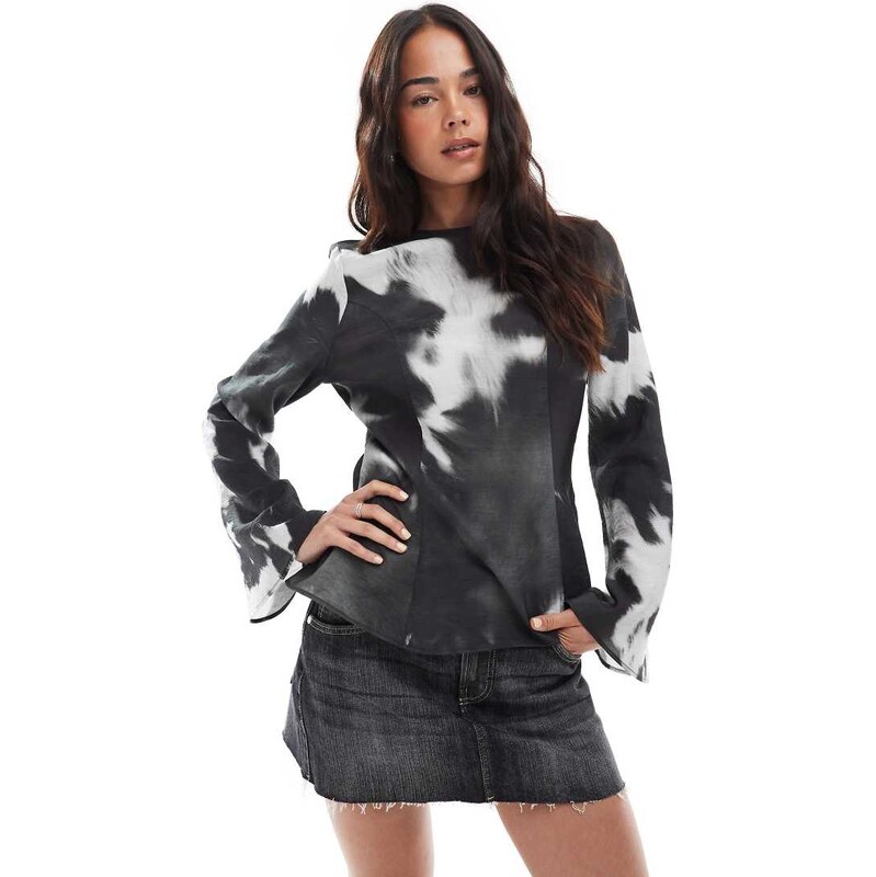 ASOS DESIGN smocked waist detail long sleeve top in cow print