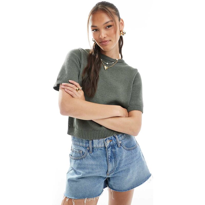 ASOS DESIGN knitted half sleeve top in khaki-Green 106157660