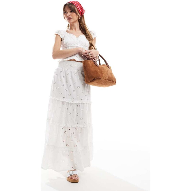 New Look shirred waist embroidered midi skirt in white 115557166