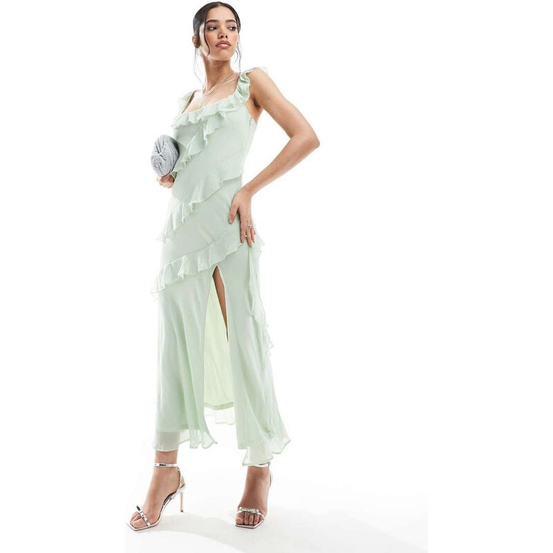 New Look ruffle asymmetric midi dress in green
