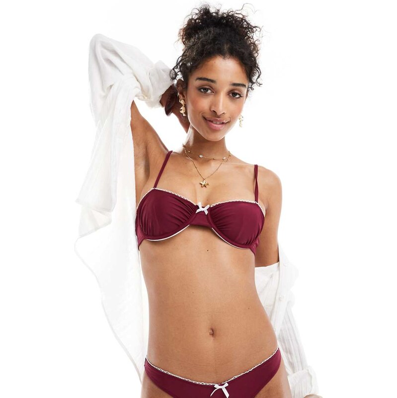 Miss Selfridge underwire bikini top with picot trim in burgundy