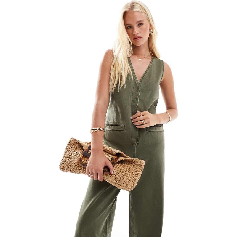ASOS DESIGN denim sleeveless loose jumpsuit in khaki wash-Green 106160317