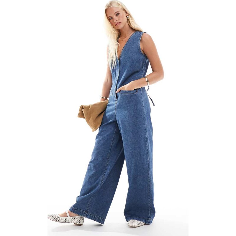 ASOS DESIGN denim sleeveless loose jumpsuit in midwash blue 106160319