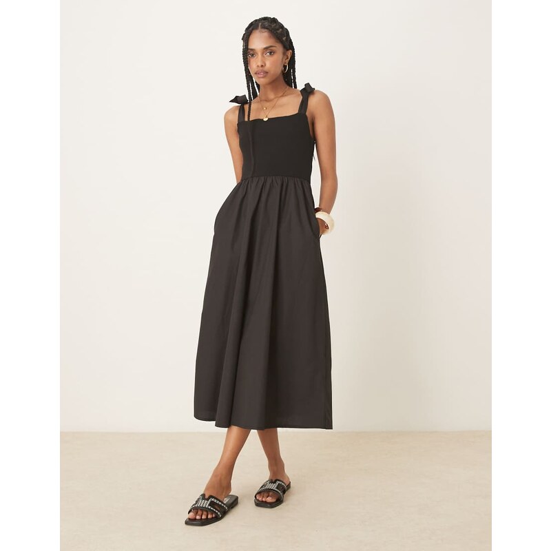 Threadbare jersey tie strap midi dress in black
