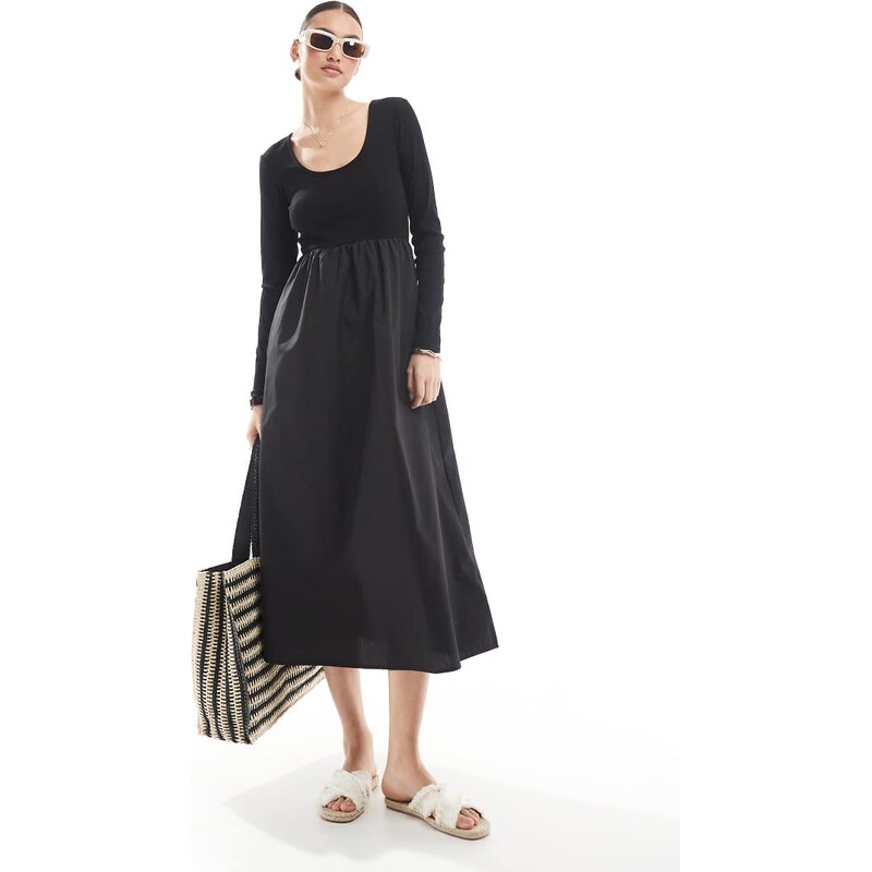 Threadbare long sleeve jersey poplin mix midi dress in black