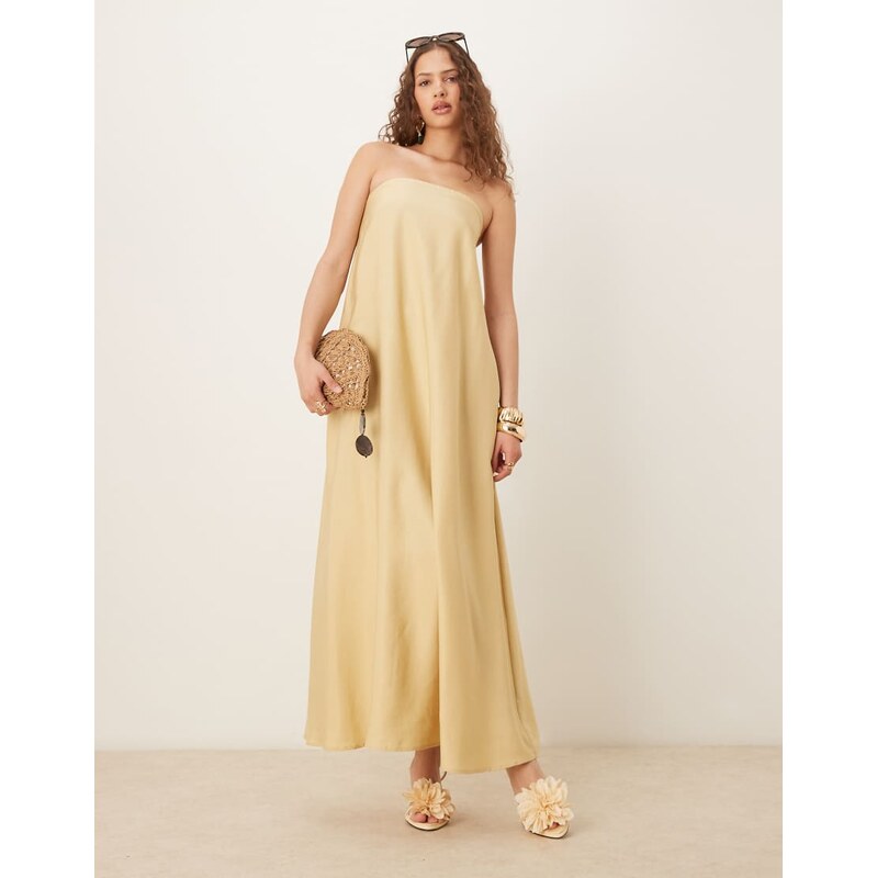 ASOS DESIGN cupro bandeau maxi sundress in stone-Neutral