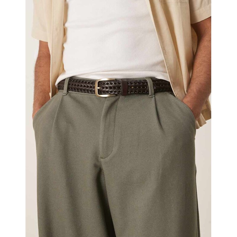 ASOS DESIGN smart leather woven belt with gold buckle in dark