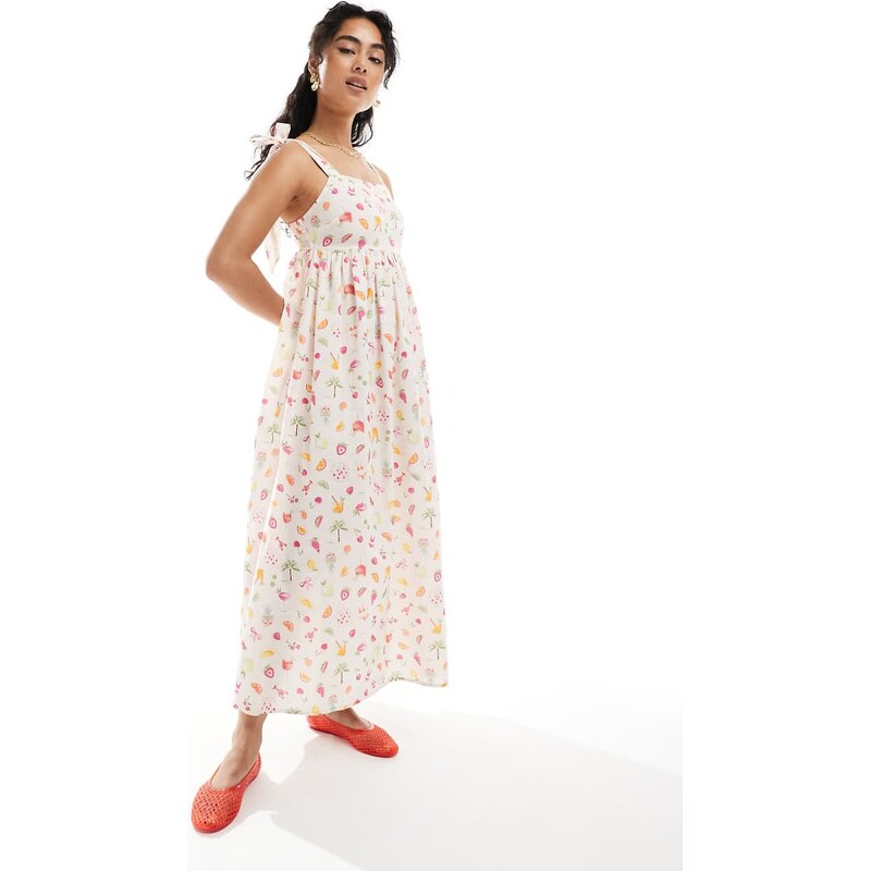 Miss Selfridge tie shoulder maxi dress in fruit print-Multi