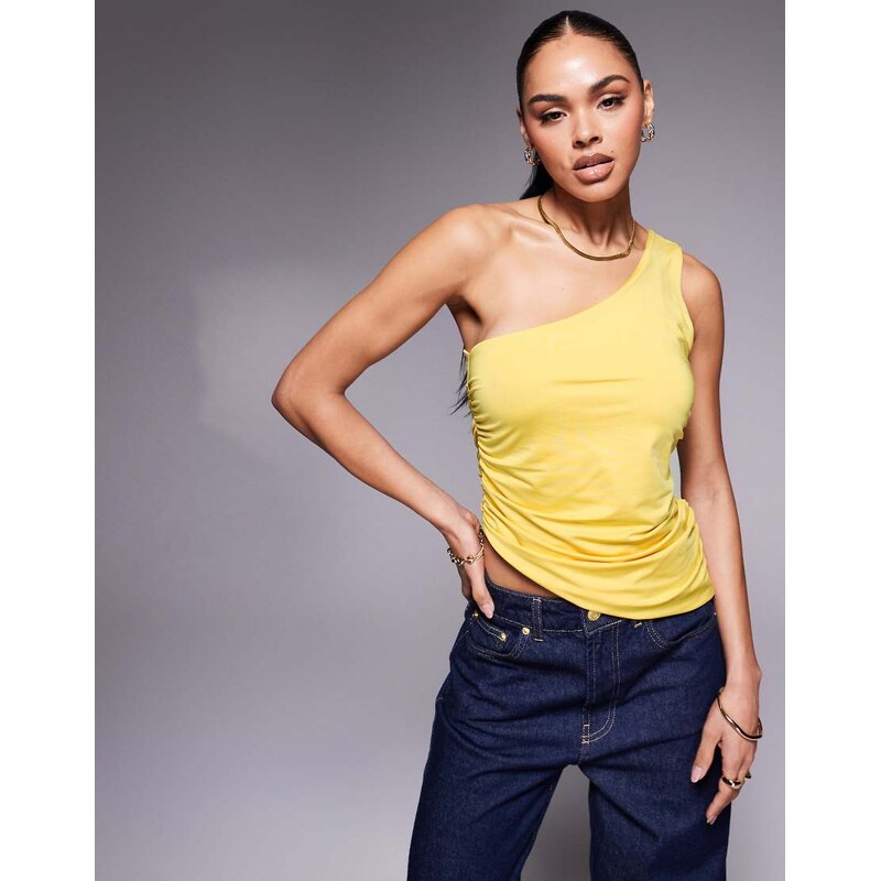 ASOS DESIGN ruched side asymmetric hem double strap one shoulder