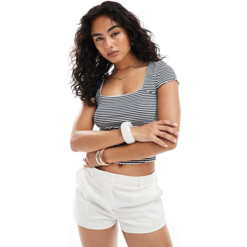 Miss Selfridge stripe lace trim rib short sleeve top-Multi 114890770