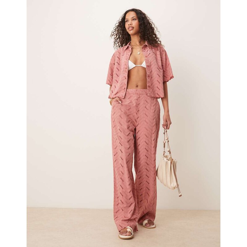 ASOS DESIGN geo broderie relaxed trousers co-ord in rose-Pink 107281888